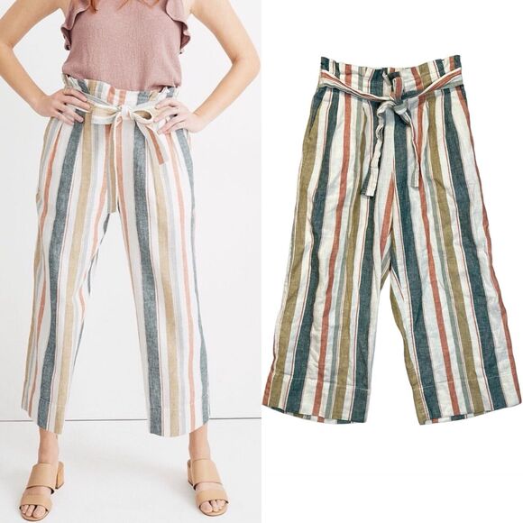 Madewell Tie-Waist Huston Pull-On Crop Pants in Stripe size M Medium linen blend - Picture 1 of 8